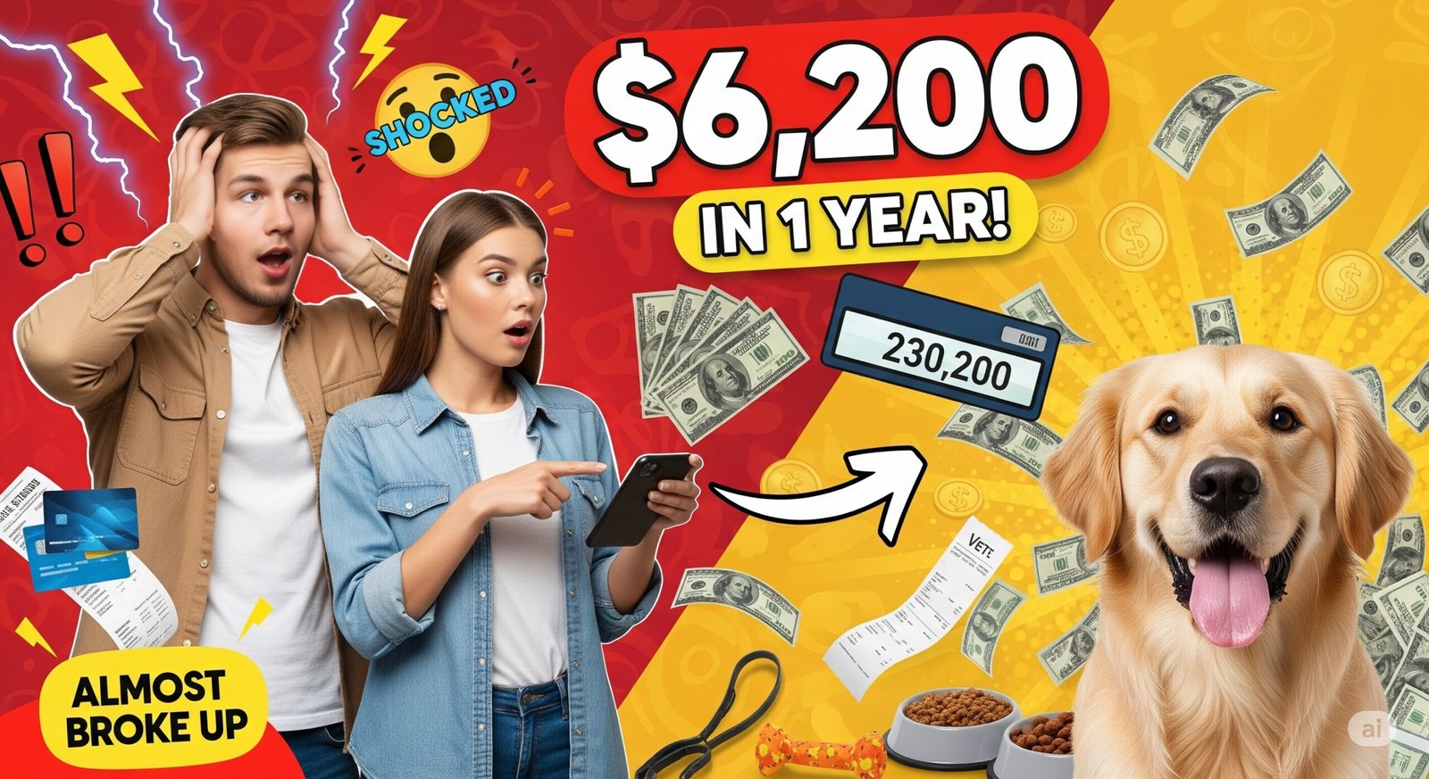 Couple reviewing pet expenses on calculator with dog nearby